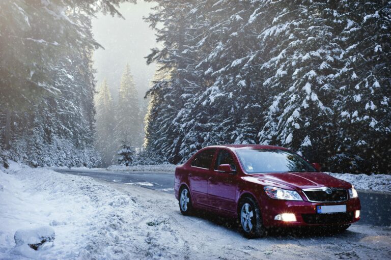 A red car drives along a snowy forest road in winter, surrounded by frosty trees.