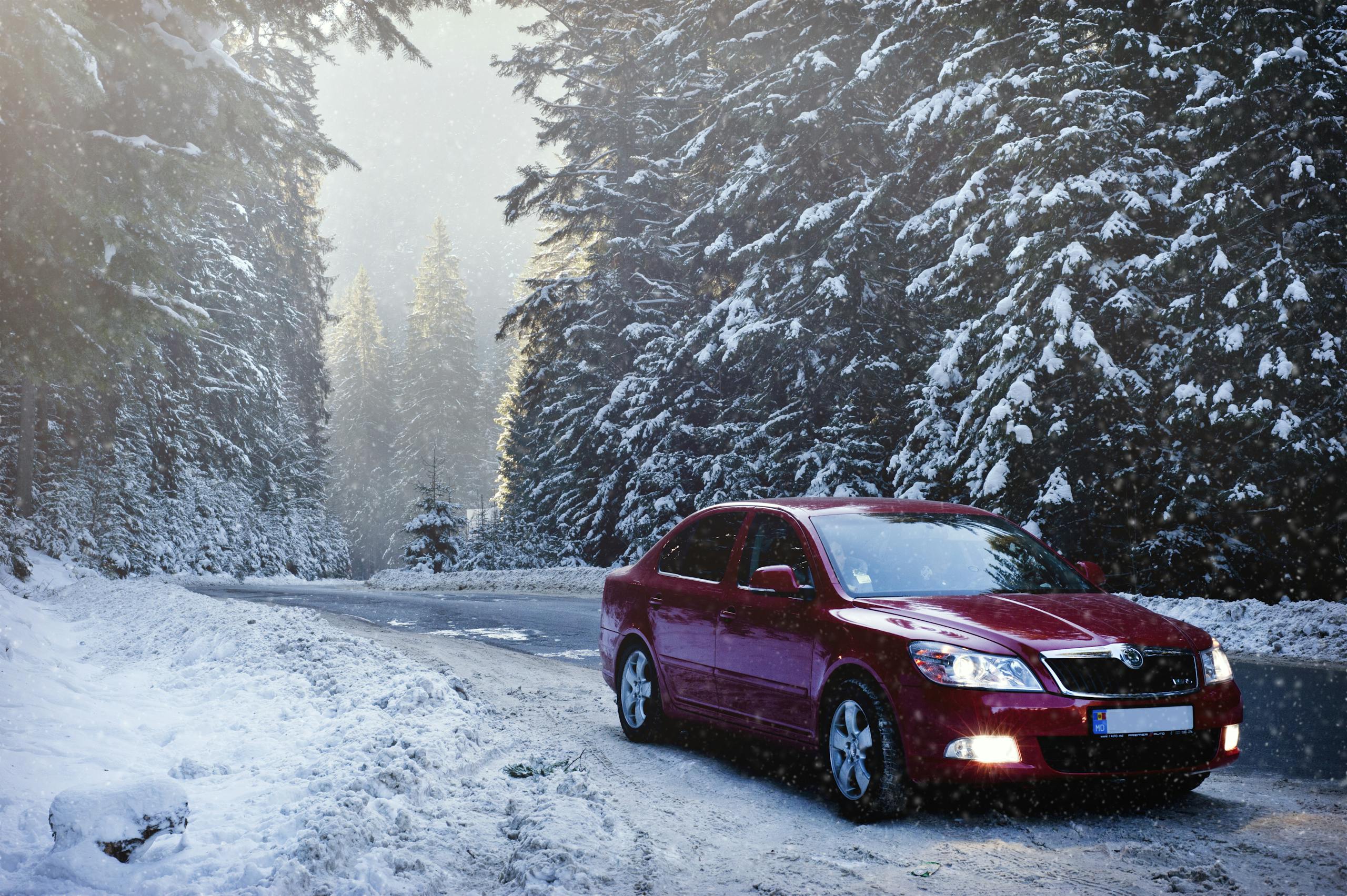 A red car drives along a snowy forest road in winter, surrounded by frosty trees.