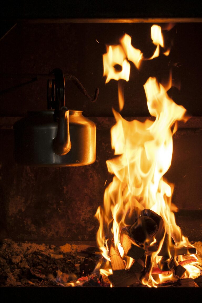 Warm and inviting fireplace with a kettle hanging over bright flames, perfect for cozy settings.